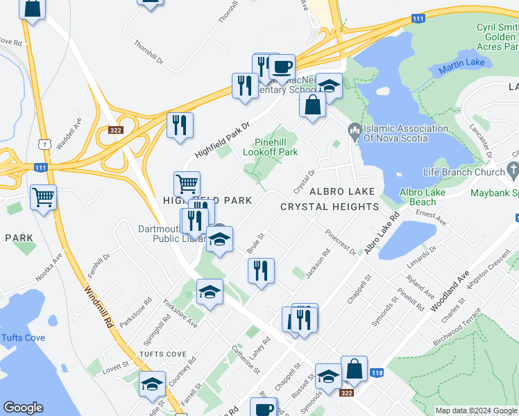 map of restaurants, bars, coffee shops, grocery stores, and more near 109 Pinecrest Drive in Dartmouth