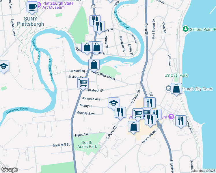 map of restaurants, bars, coffee shops, grocery stores, and more near 53 Johnson Avenue in Plattsburgh