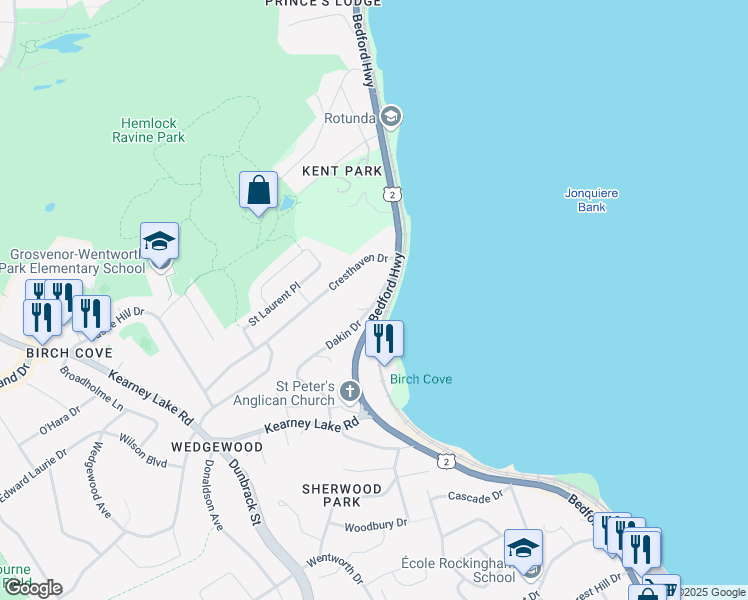map of restaurants, bars, coffee shops, grocery stores, and more near 44 Dakin Drive in Halifax