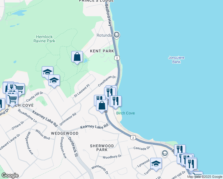 map of restaurants, bars, coffee shops, grocery stores, and more near 44 Dakin Drive in Halifax