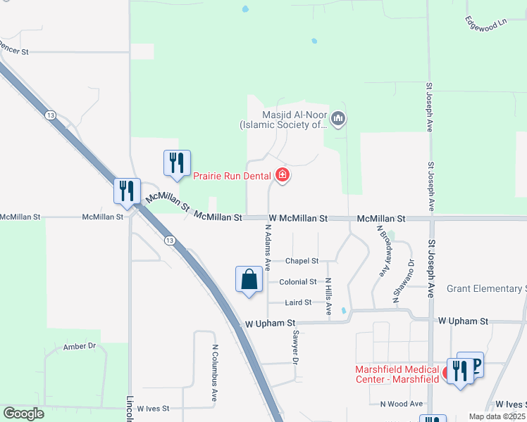 map of restaurants, bars, coffee shops, grocery stores, and more near 1100 West McMillan Street in Marshfield