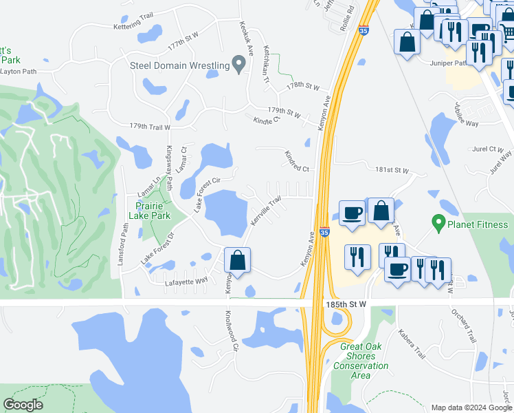 map of restaurants, bars, coffee shops, grocery stores, and more near 18351 Kerrville Tr in Lakeville