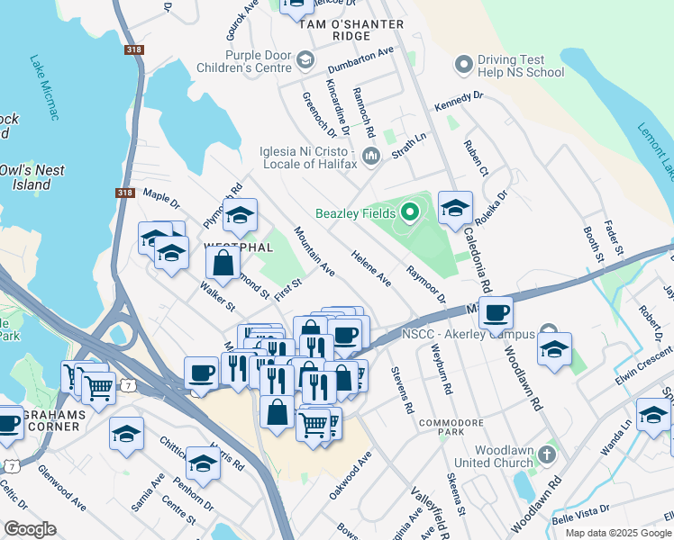map of restaurants, bars, coffee shops, grocery stores, and more near 30 Mountain Avenue in Dartmouth