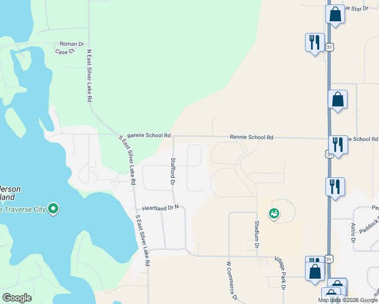map of restaurants, bars, coffee shops, grocery stores, and more near 4582 La Marche Circle in Traverse City