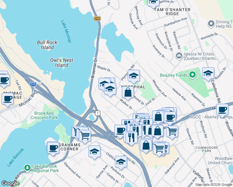 map of restaurants, bars, coffee shops, grocery stores, and more near 28 Walker Street in Dartmouth