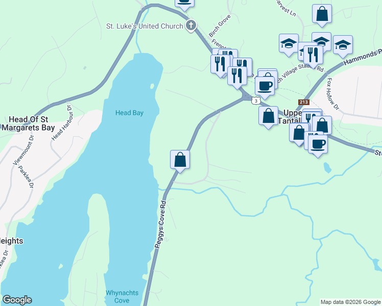 map of restaurants, bars, coffee shops, grocery stores, and more near 13487 Peggys Cove Road in Upper Tantallon