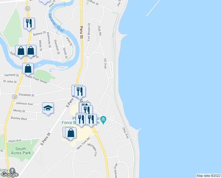 map of restaurants, bars, coffee shops, grocery stores, and more near 38 U.S. Oval in Plattsburgh