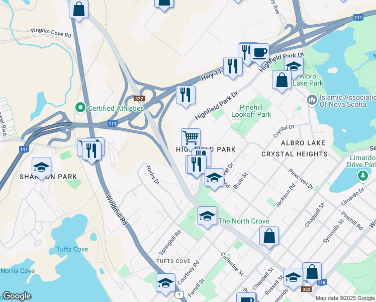 map of restaurants, bars, coffee shops, grocery stores, and more near 90 Highfield Park Drive in Dartmouth