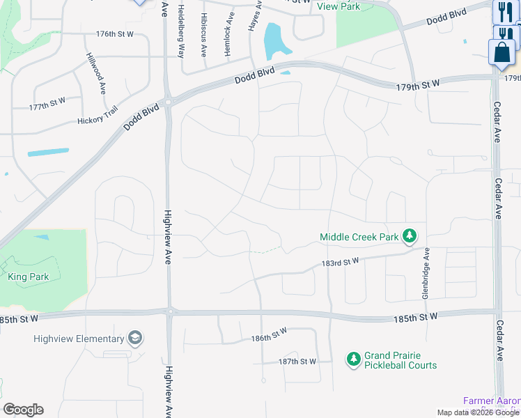 map of restaurants, bars, coffee shops, grocery stores, and more near 8210 182nd Street West in Lakeville