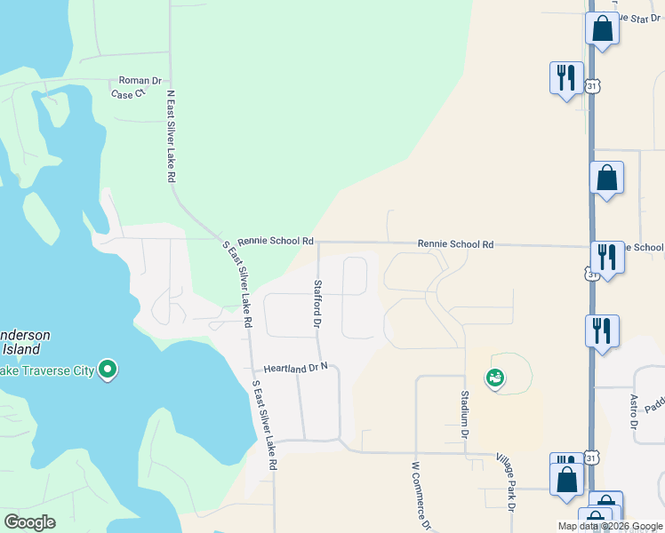 map of restaurants, bars, coffee shops, grocery stores, and more near 20 Stafford Drive in Traverse City
