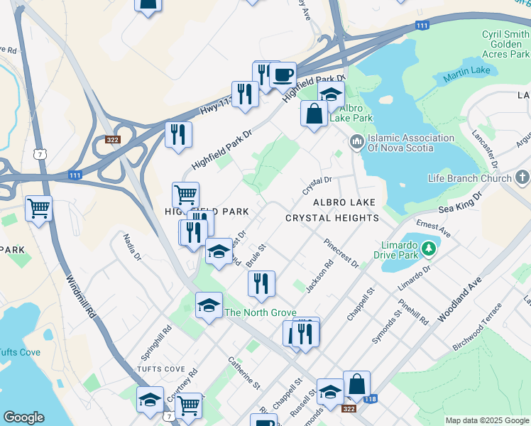 map of restaurants, bars, coffee shops, grocery stores, and more near 105 Pinecrest Drive in Dartmouth
