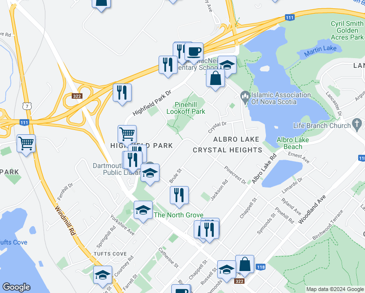 map of restaurants, bars, coffee shops, grocery stores, and more near 96 Pinecrest Drive in Dartmouth
