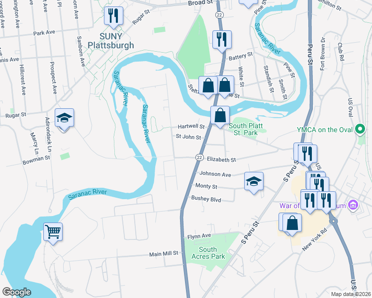 map of restaurants, bars, coffee shops, grocery stores, and more near 27 St John St in Plattsburgh