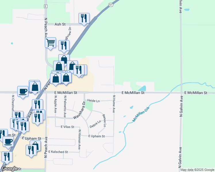 map of restaurants, bars, coffee shops, grocery stores, and more near 1808 North Hume Avenue in Marshfield