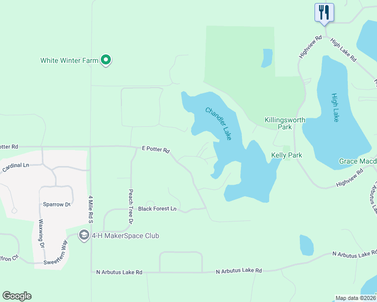map of restaurants, bars, coffee shops, grocery stores, and more near 2390 Lake Chandler Drive in Traverse City