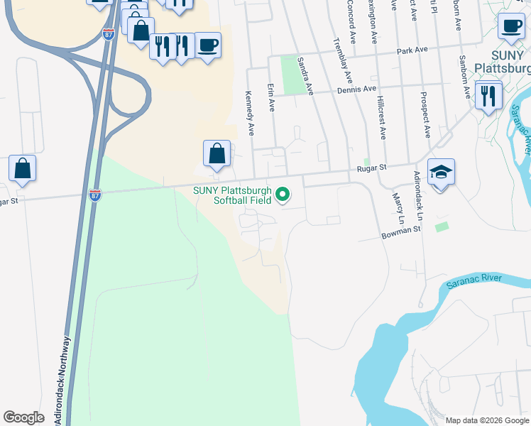 map of restaurants, bars, coffee shops, grocery stores, and more near 15 Flanagan Dr in Plattsburgh