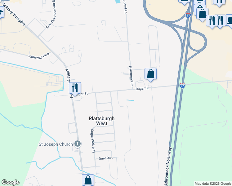 map of restaurants, bars, coffee shops, grocery stores, and more near 442 Rugar Street in Plattsburgh