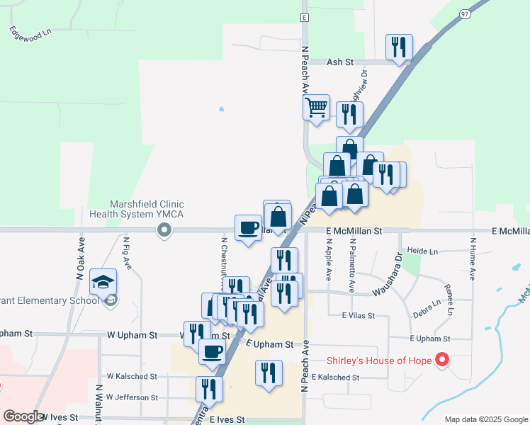 map of restaurants, bars, coffee shops, grocery stores, and more near 115-117 McMillan Street in Marshfield