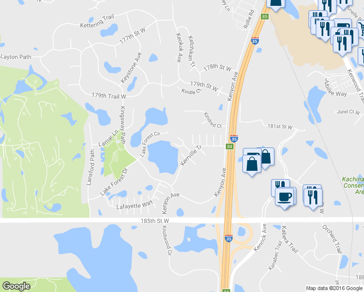 map of restaurants, bars, coffee shops, grocery stores, and more near 18308 Key West Court in Lakeville