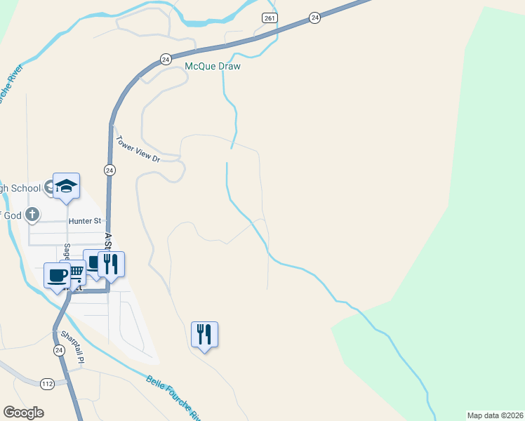 map of restaurants, bars, coffee shops, grocery stores, and more near Fawn Ridge Road in Hulett