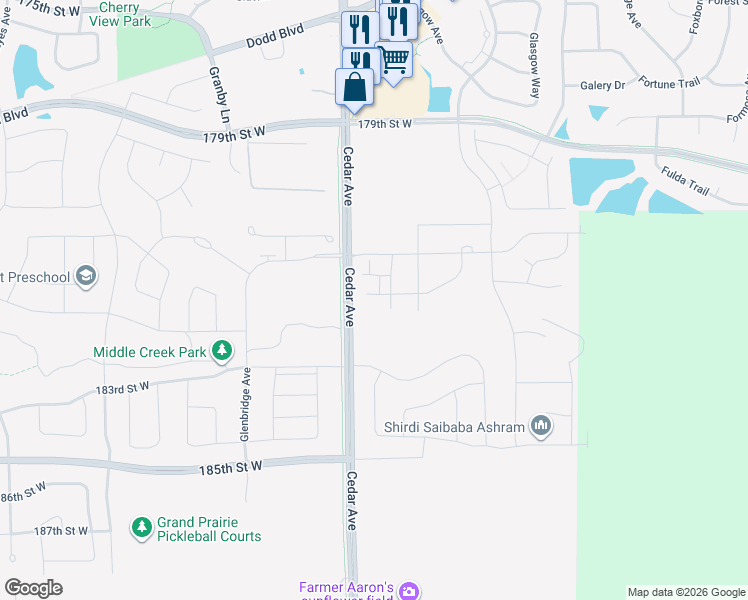 map of restaurants, bars, coffee shops, grocery stores, and more near 18141 Glassfern Lane in Lakeville