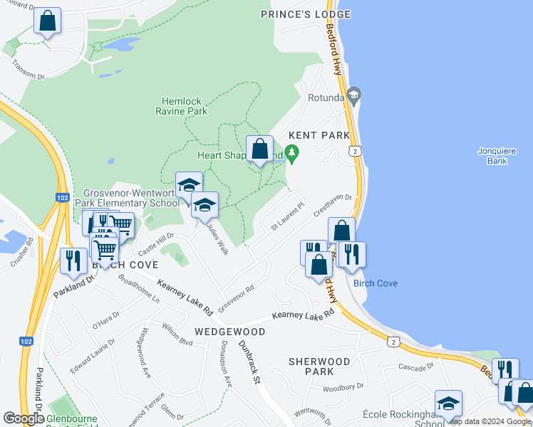 map of restaurants, bars, coffee shops, grocery stores, and more near 16 Ravine Park Crescent in Halifax