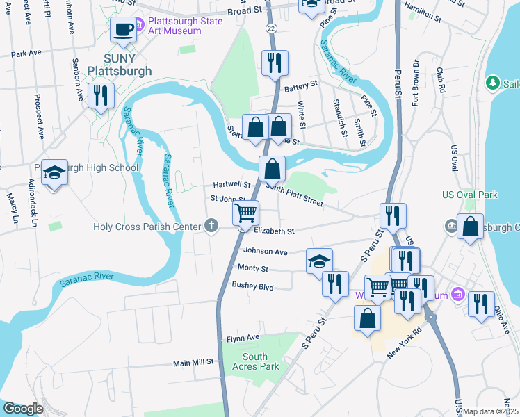 map of restaurants, bars, coffee shops, grocery stores, and more near 3 Grant Street in Plattsburgh