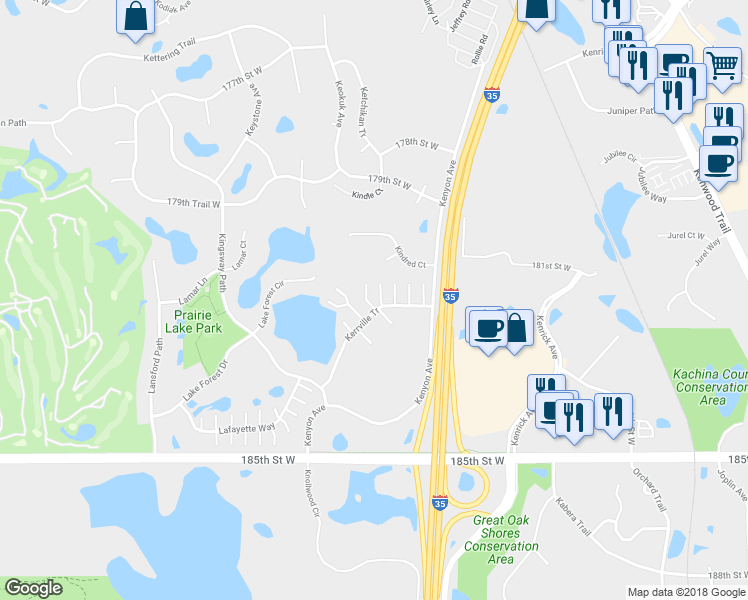 map of restaurants, bars, coffee shops, grocery stores, and more near 18316 Key West Court in Lakeville