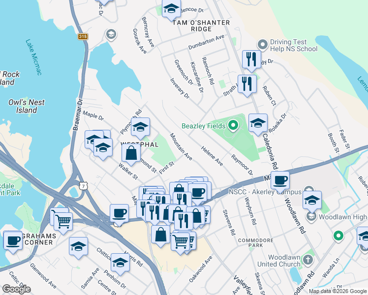 map of restaurants, bars, coffee shops, grocery stores, and more near 41A Mountain Avenue in Dartmouth