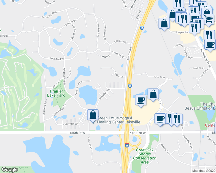 map of restaurants, bars, coffee shops, grocery stores, and more near 18263 Kerrville Trail in Lakeville