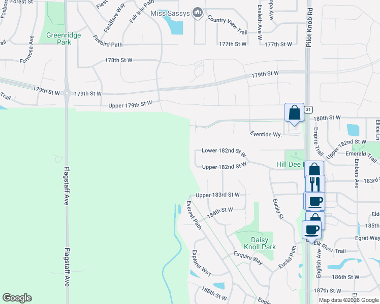 map of restaurants, bars, coffee shops, grocery stores, and more near 5975 Lower 182nd Street West in Farmington