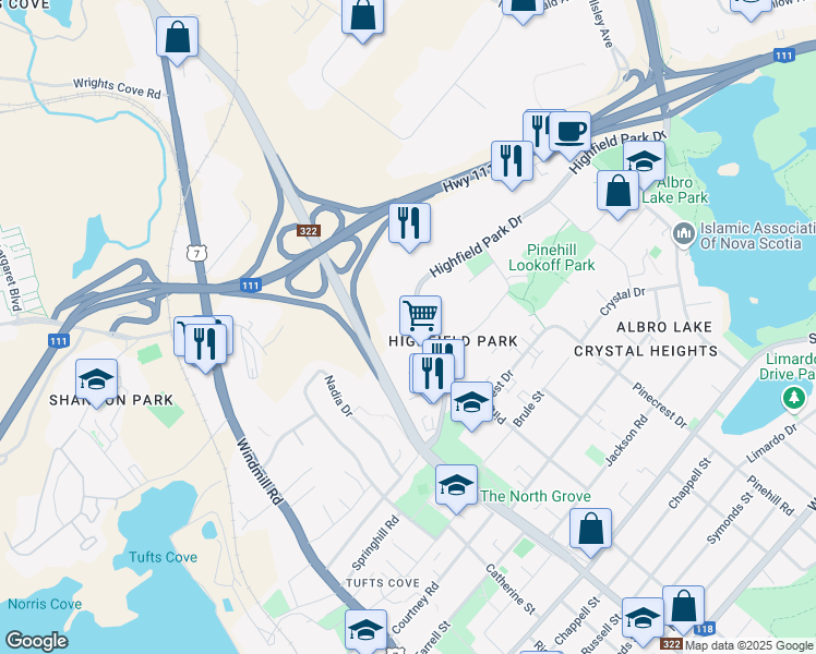 map of restaurants, bars, coffee shops, grocery stores, and more near 86 Highfield Park Drive in Dartmouth