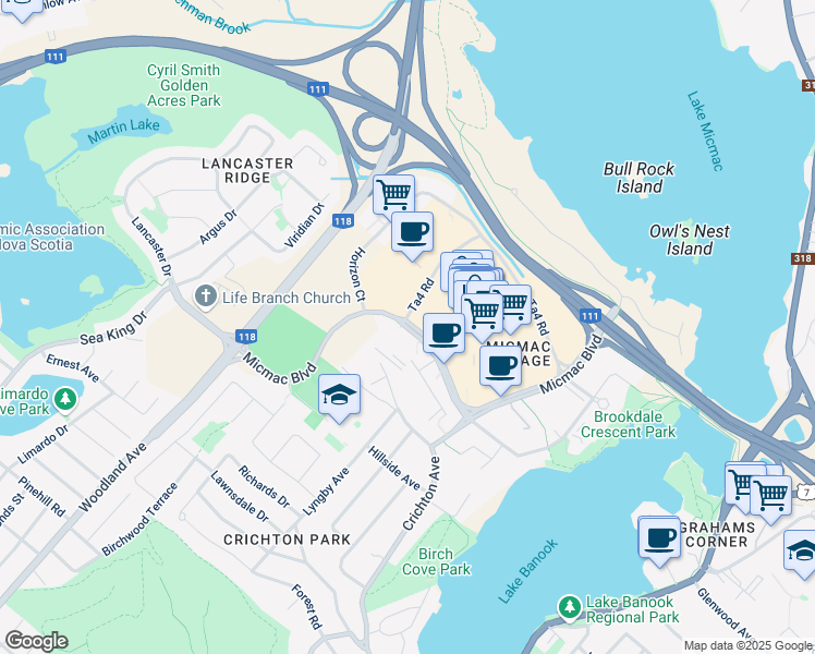 map of restaurants, bars, coffee shops, grocery stores, and more near 1020 Micmac Boulevard in Dartmouth