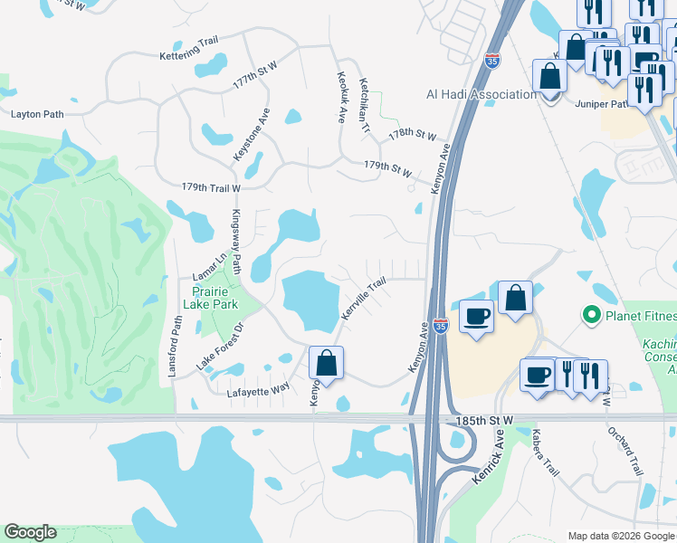 map of restaurants, bars, coffee shops, grocery stores, and more near 18126 Lake Forest Circle in Lakeville
