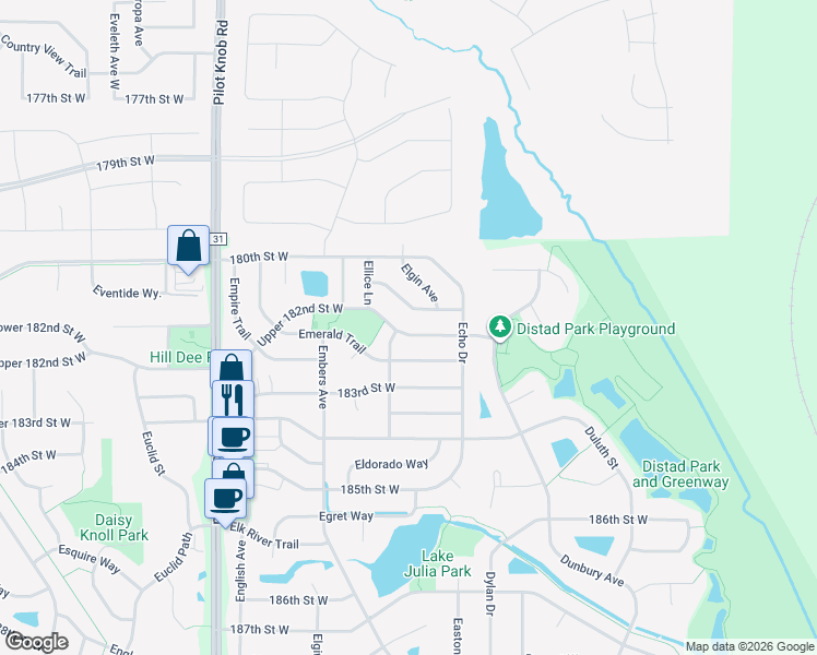 map of restaurants, bars, coffee shops, grocery stores, and more near 5127 Upper 182nd Street West in Farmington