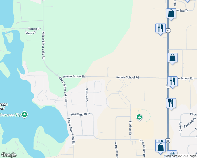 map of restaurants, bars, coffee shops, grocery stores, and more near 21 Stafford Drive in Traverse City