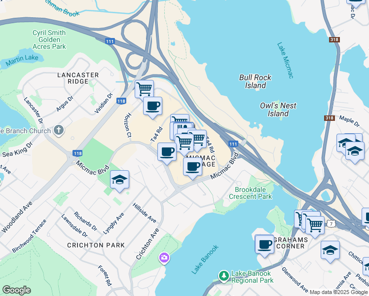 map of restaurants, bars, coffee shops, grocery stores, and more near 21 Micmac Boulevard in Dartmouth