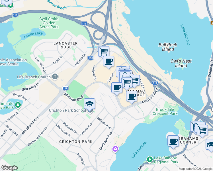 map of restaurants, bars, coffee shops, grocery stores, and more near 1000 Micmac Boulevard in Dartmouth