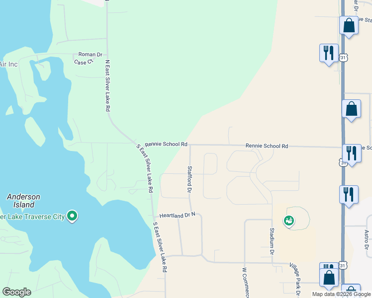 map of restaurants, bars, coffee shops, grocery stores, and more near 20 Stafford Drive in Traverse City