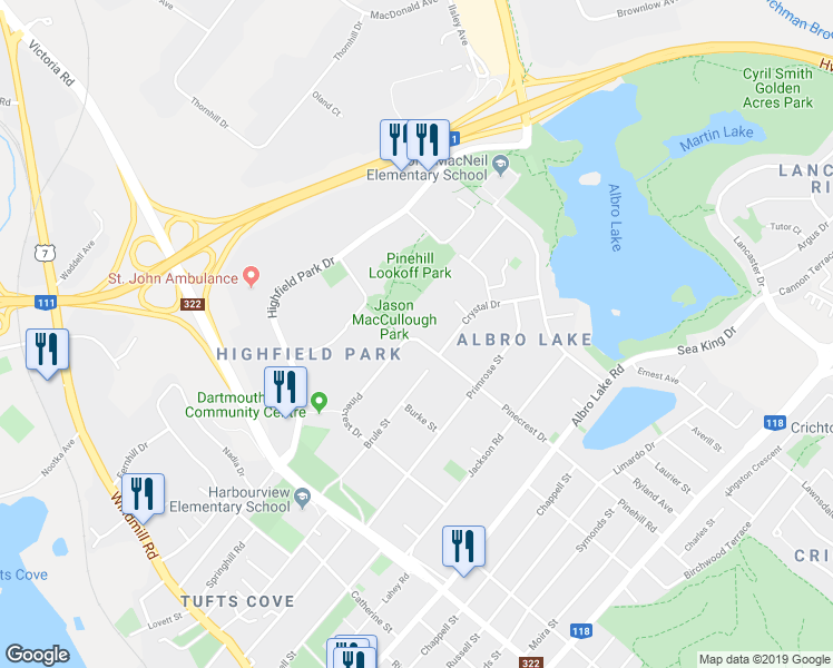 map of restaurants, bars, coffee shops, grocery stores, and more near 96 Pinecrest Drive in Dartmouth