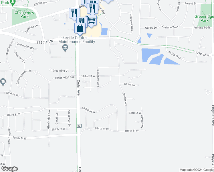 map of restaurants, bars, coffee shops, grocery stores, and more near 18130 Gladstone Trail in Lakeville
