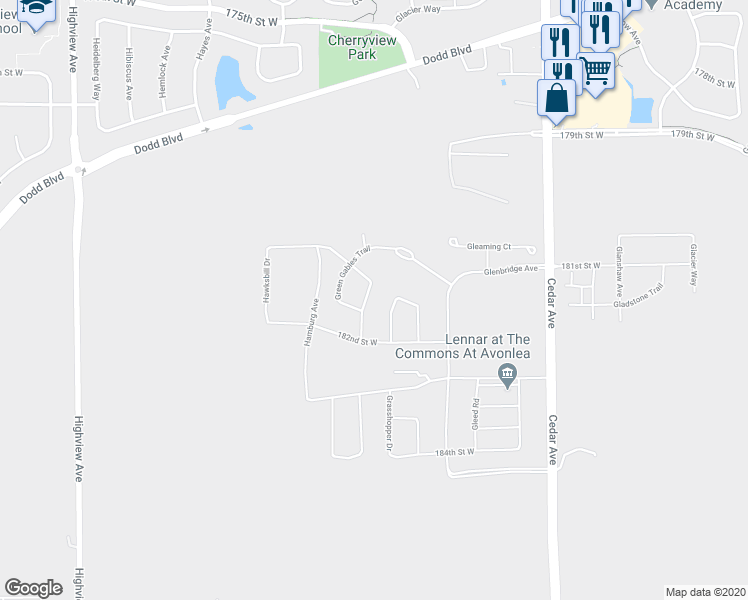 map of restaurants, bars, coffee shops, grocery stores, and more near 18160 Greyhaven Path in Lakeville
