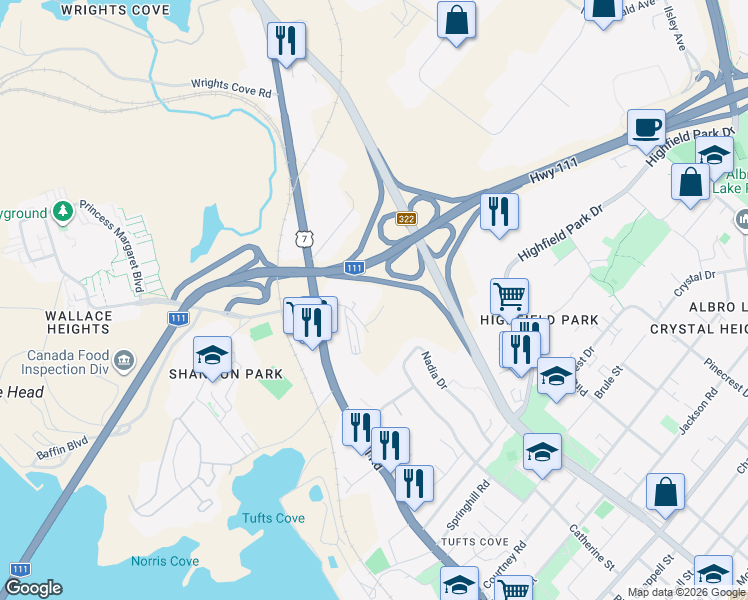 map of restaurants, bars, coffee shops, grocery stores, and more near 101 Yorkshire Avenue Extension in Dartmouth