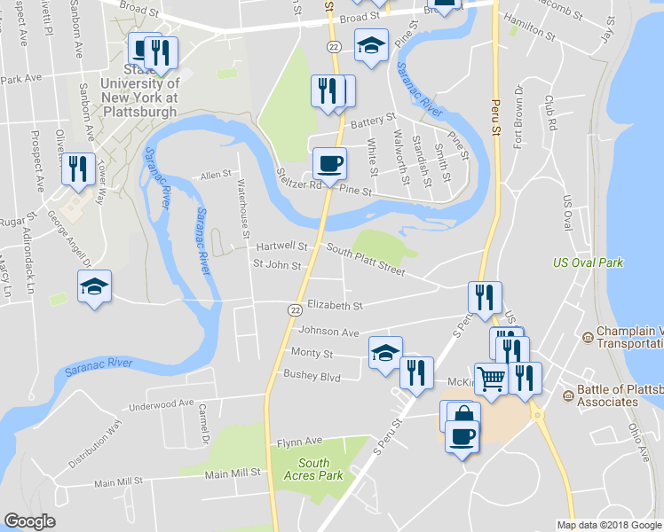 map of restaurants, bars, coffee shops, grocery stores, and more near 8 South Platt Street in Plattsburgh