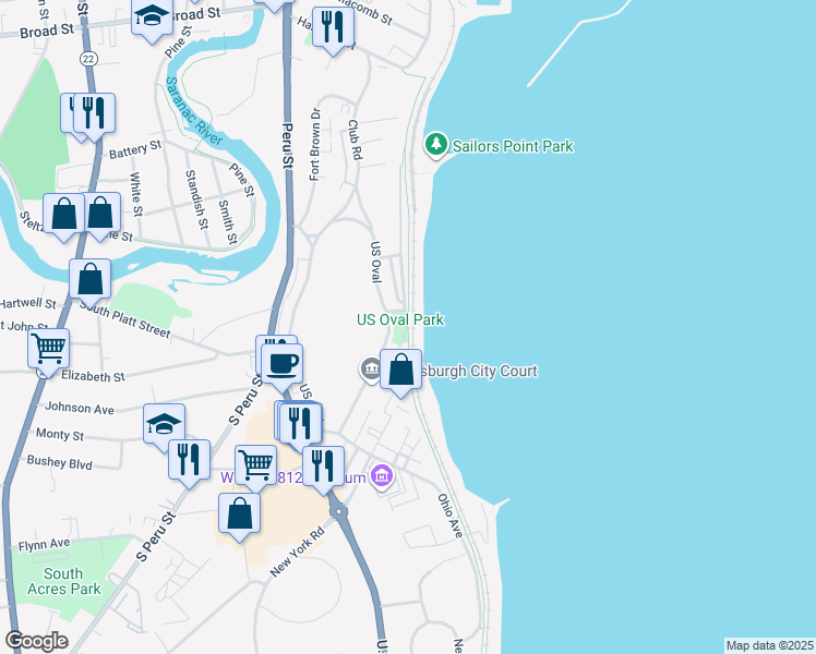 map of restaurants, bars, coffee shops, grocery stores, and more near Terry James Gordon Recreational Path in Plattsburgh