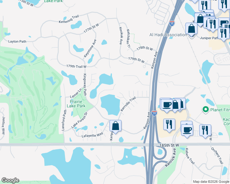 map of restaurants, bars, coffee shops, grocery stores, and more near 18126 Lake Forest Circle in Lakeville