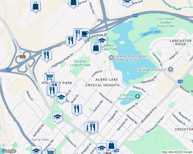 map of restaurants, bars, coffee shops, grocery stores, and more near 10 Crystal Drive in Dartmouth