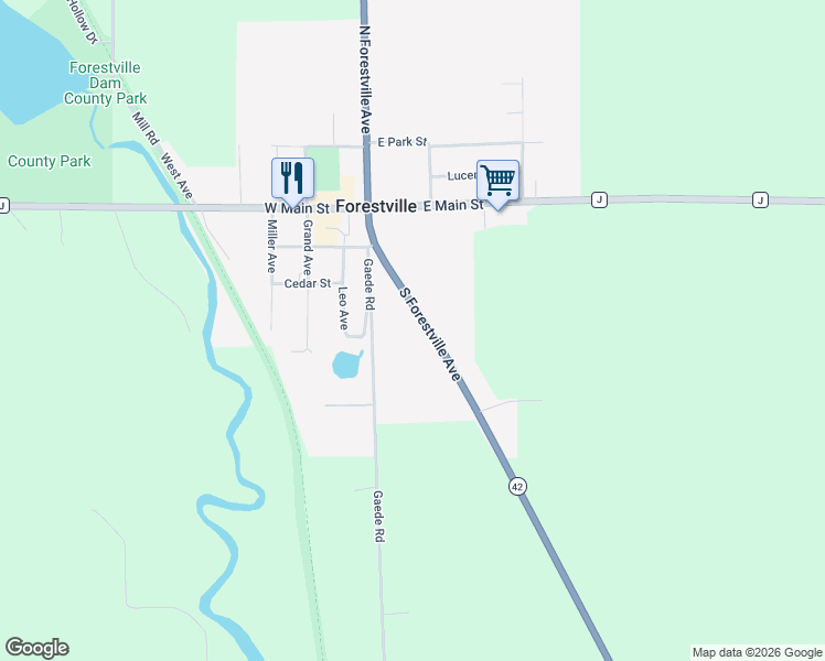map of restaurants, bars, coffee shops, grocery stores, and more near 371 South Forestville Avenue in Forestville
