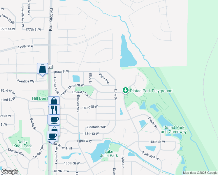 map of restaurants, bars, coffee shops, grocery stores, and more near 18139 Echo Terrace in Farmington