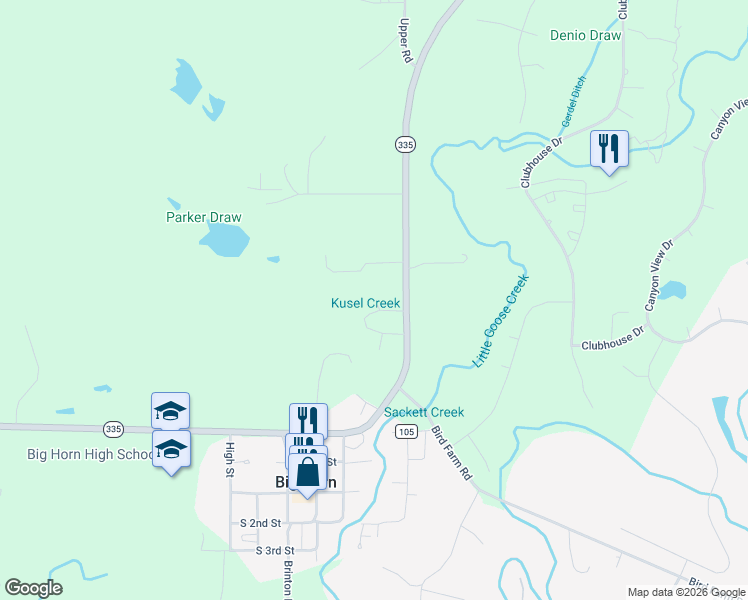 map of restaurants, bars, coffee shops, grocery stores, and more near 272 Highway 335 in Sheridan